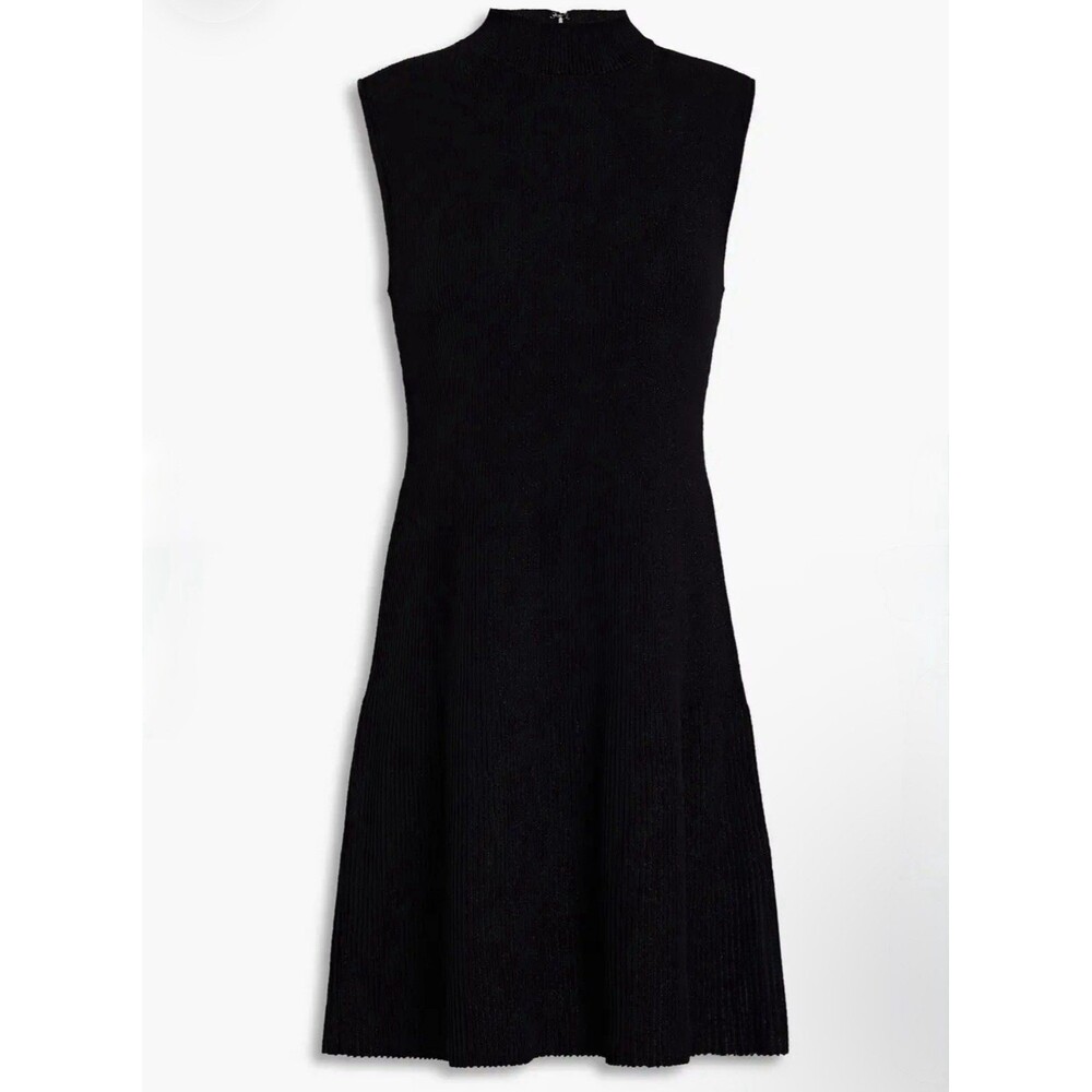 Theory Black Ribbed Knit Stretch Sleeveless Fit & Flare Dress Small Cutout Metal - Picture 10 of 16